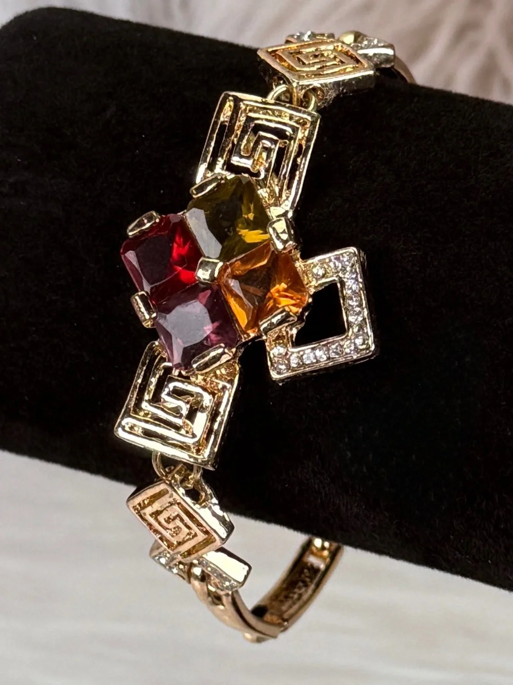 Vintage Geometric Goldtone Bracelet Multicolor Faceted Stones Greek Key Links